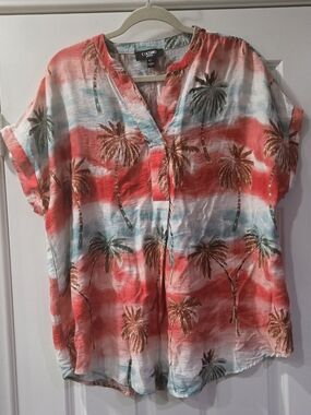 Cocomo Coral and Aqua Palm-Print Short Sleeve Top